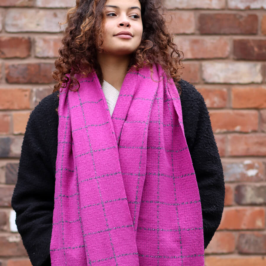 Magenta Running Stitch Checked Scarf | The Jewellery Stop
