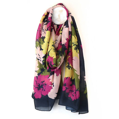 Eco Navy, Pink And Green Large Floral Print Scarf | The Jewellery Stop