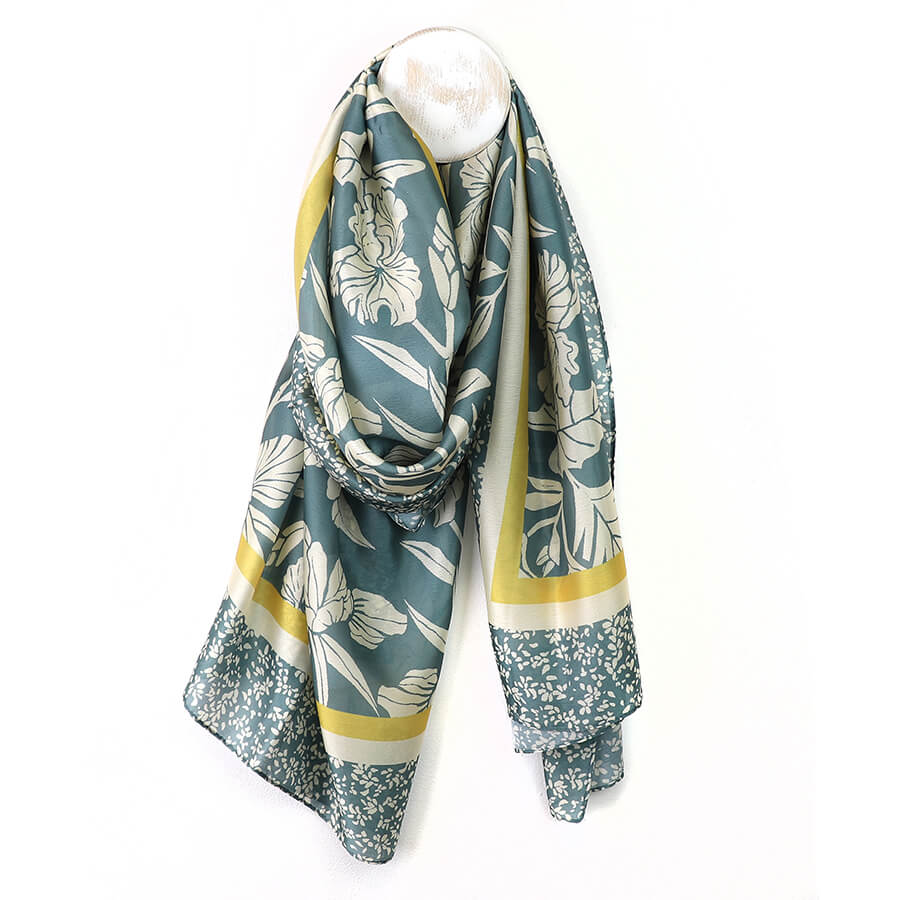 Dark Aqua Silk Feel Scarf With Floral Print | The Jewellery Stop