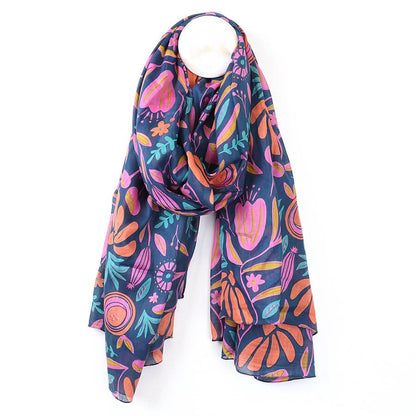 Navy, Pink And Orange Abstract Meadow Print Scarf | The Jewellery Stop