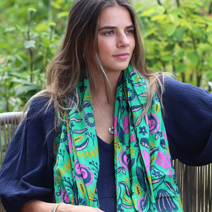 Green, Pink And Navy Abstract Botanical Print Scarf | The Jewellery Stop