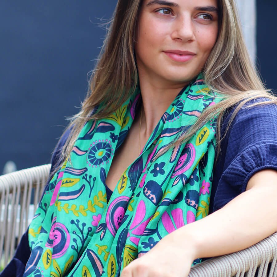Green, Pink And Navy Abstract Botanical Print Scarf | The Jewellery Stop