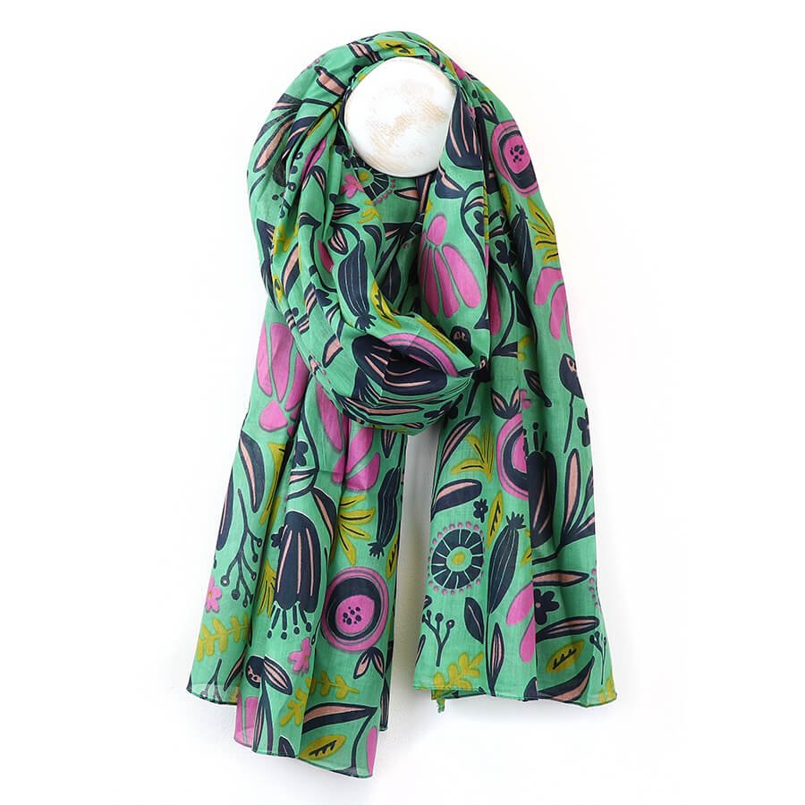 Green, Pink And Navy Abstract Botanical Print Scarf | The Jewellery Stop