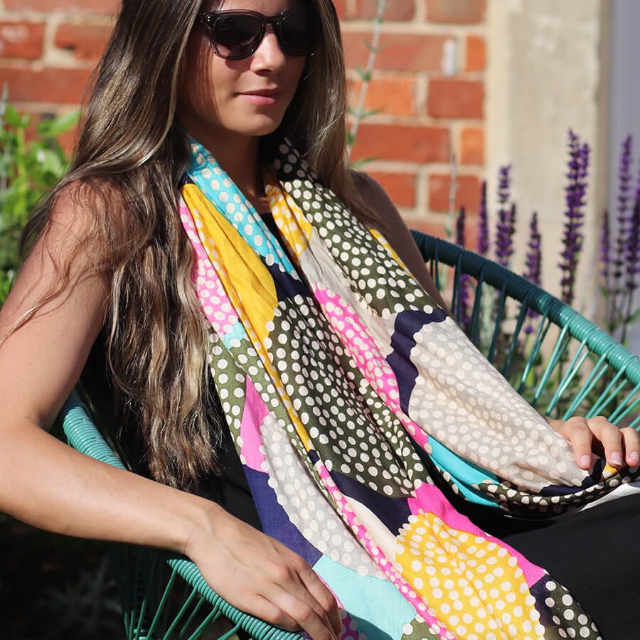 Black, Pink And Yellow Circle Spotty Scarf | The Jewellery Stop