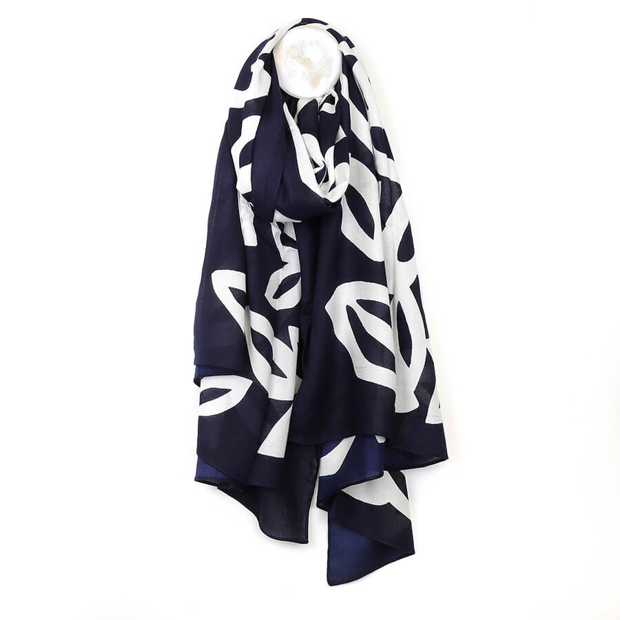 Deep Navy Leaf Silhouette Print Scarf | The Jewellery Stop