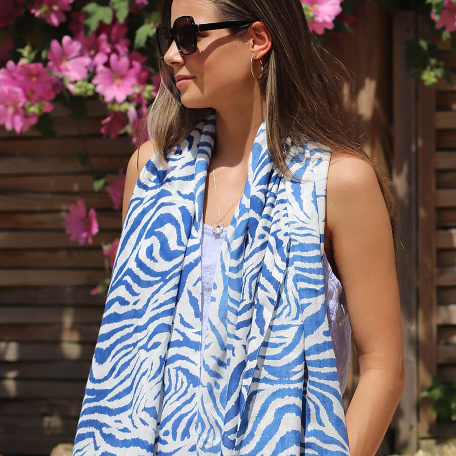 Cobalt Blue Abstract Zebra Print Scarf | The Jewellery Stop