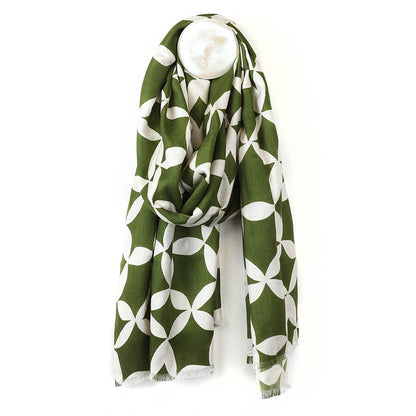 Olive Green Geo Print Twill Scarf | The Jewellery Stop