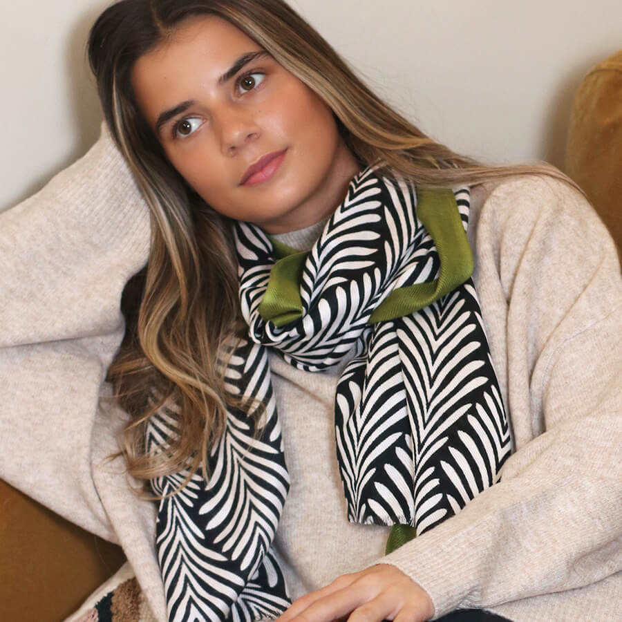 Olive Border Monochrome Fern Print Scarf | The Jewellery Stop