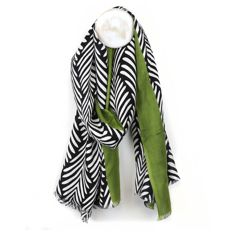 Olive Border Monochrome Fern Print Scarf | The Jewellery Stop