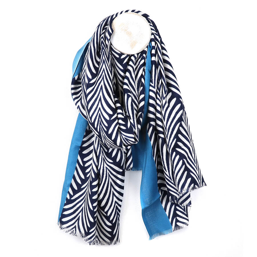 Blue Border Monochrome Fern Print Scarf | The Jewellery Stop