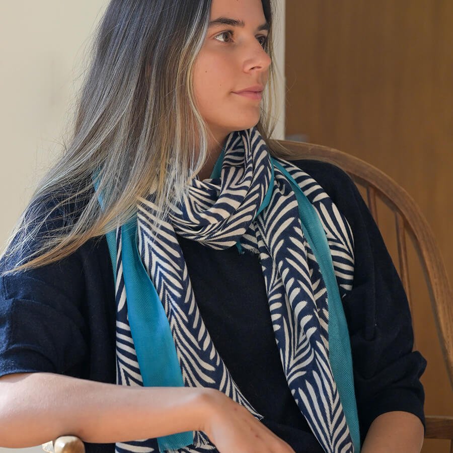 Blue Border Monochrome Fern Print Scarf | The Jewellery Stop