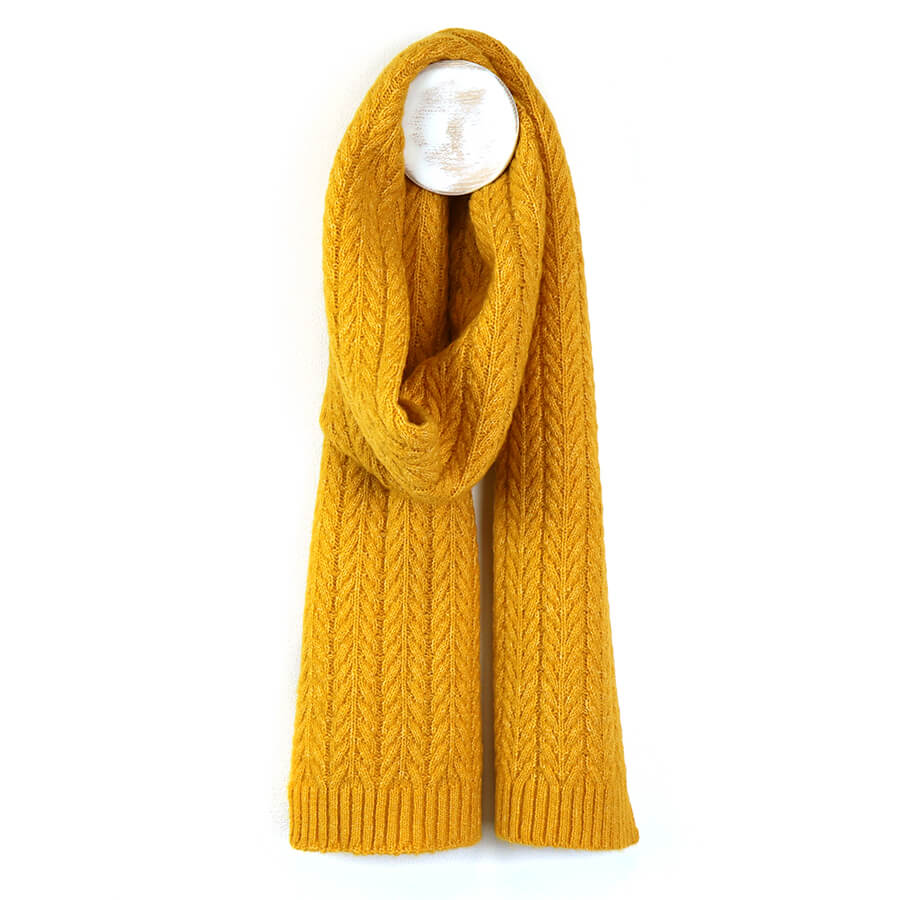 Mustard Recycled Yarn Herringone Cable Knit Scarf | The Jewellery Stop