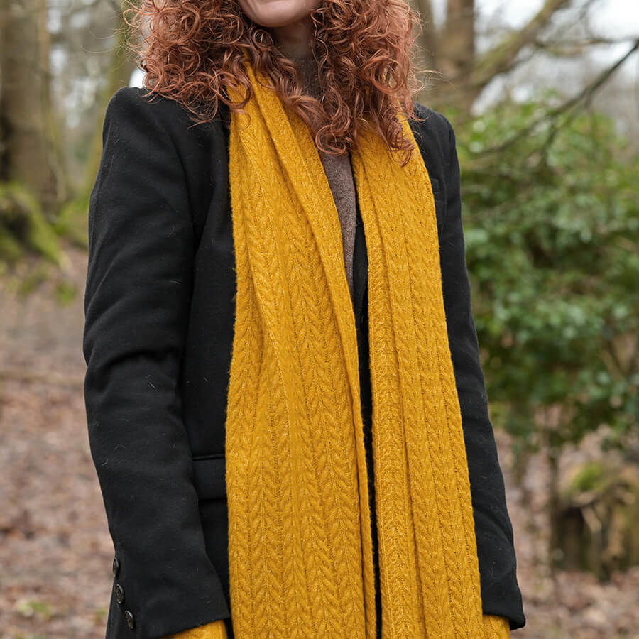 Mustard Recycled Yarn Herringone Cable Knit Scarf | The Jewellery Stop