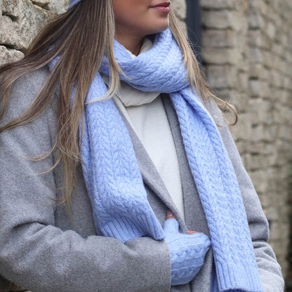 Ice Blue Recycled Yarn Herringone Cable Knit Scarf | The Jewellery Stop