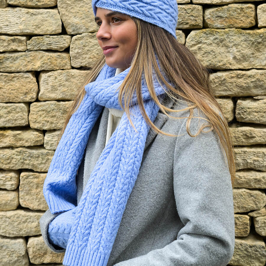 Ice Blue Recycled Yarn Herringone Cable Knit Scarf | The Jewellery Stop