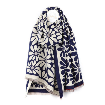 Navy Retro Daisy Jacquard Scarf | The Jewellery Stop