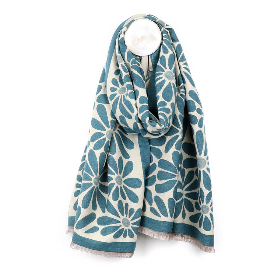 Dusky Teal Retro Daisy Jacquard Scarf | The Jewellery Stop