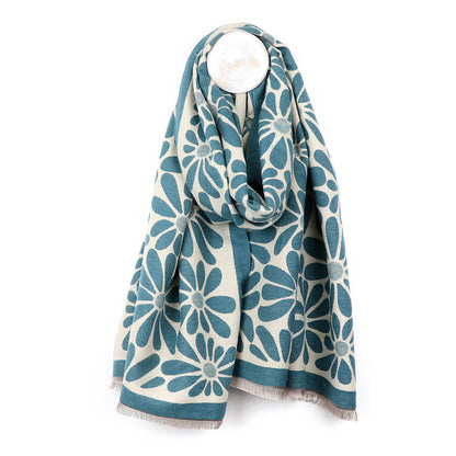 Dusky Teal Retro Daisy Jacquard Scarf | The Jewellery Stop