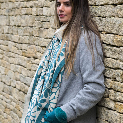 Dusky Teal Retro Daisy Jacquard Scarf | The Jewellery Stop
