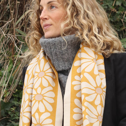 Mustard Retro Daisy Jacqard Scarf | The Jewellery Stop