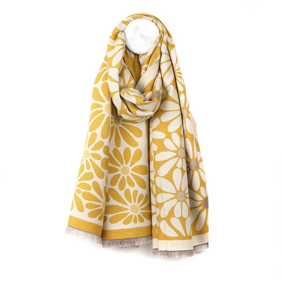 Mustard Retro Daisy Jacqard Scarf | The Jewellery Stop