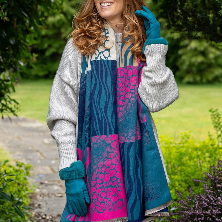 Teal And Pink Pebbles And Waves Pattern Scarf | The Jewellery Stop