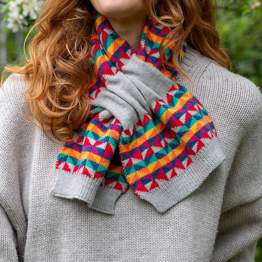 Grey And Rainbow Retro Geo Pattern Pull Through Scarf | The Jewellery Stop