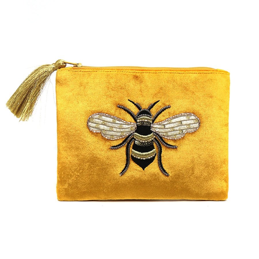 Velvet Mustard Embroidered Bee Purse | The Jewellery Stop