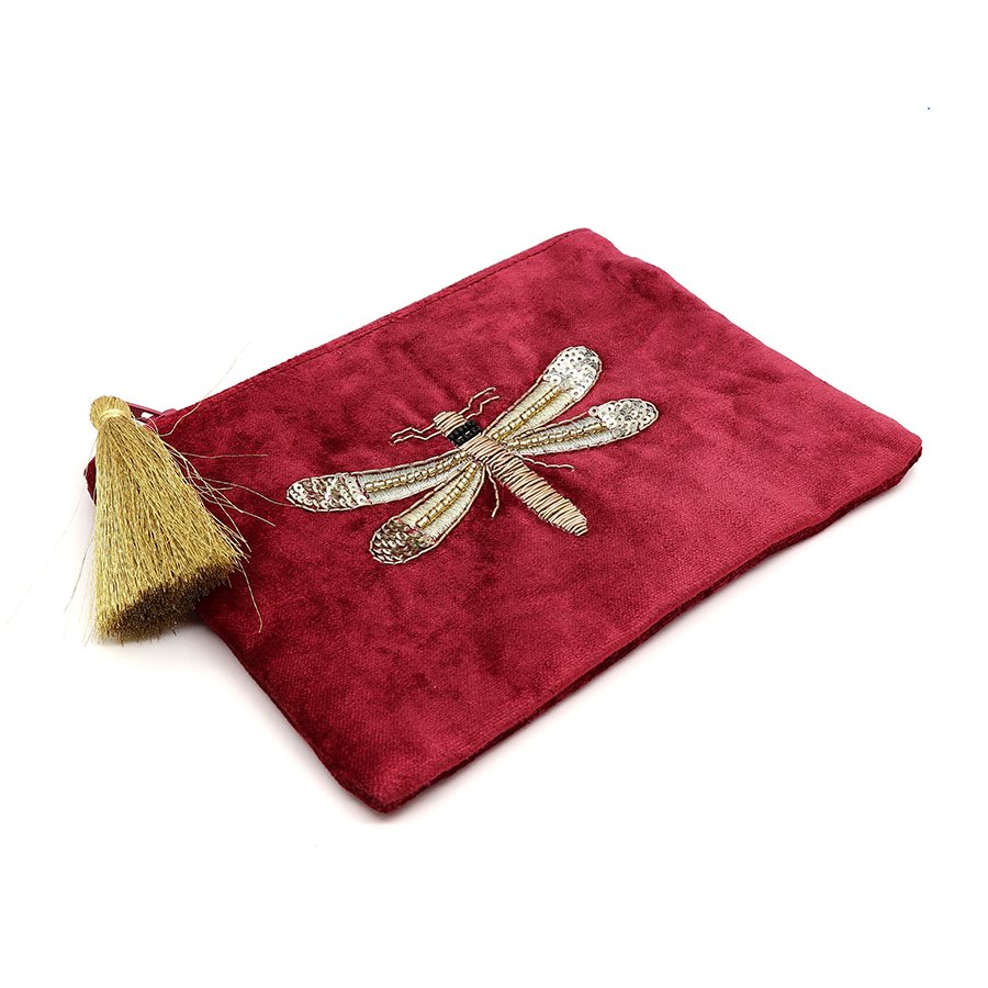 Burgundy Velvet Embroidered Dragonfly Purse | The Jewellery Stop