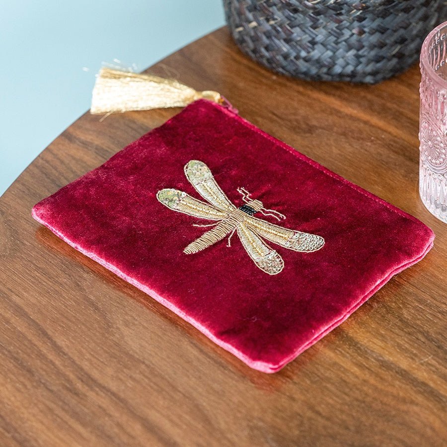 Burgundy Velvet Embroidered Dragonfly Purse | The Jewellery Stop