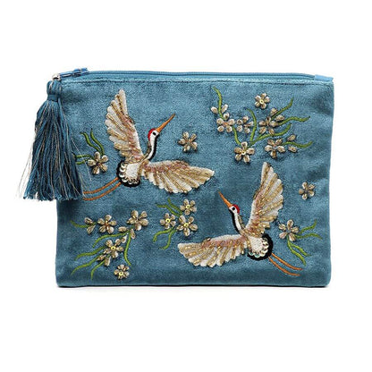 Teal Blue Velvet Embroidered Crane Purse | The Jewellery Stop