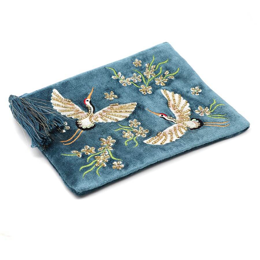 Teal Blue Velvet Embroidered Crane Purse | The Jewellery Stop