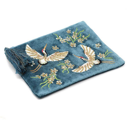 Teal Blue Velvet Embroidered Crane Purse | The Jewellery Stop
