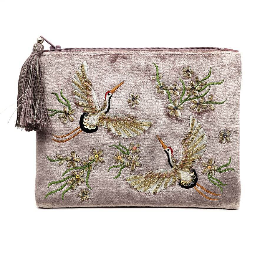 Mink Velvet Embroidered Crane Purse | The Jewellery Stop