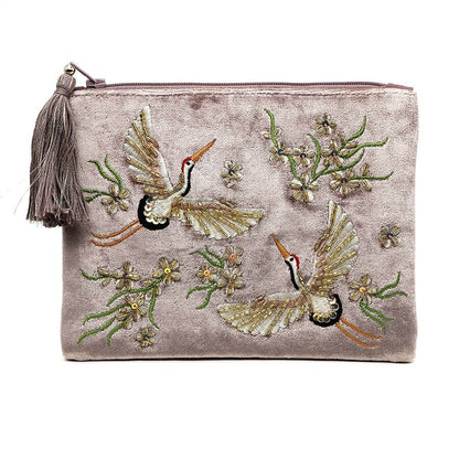 Mink Velvet Embroidered Crane Purse | The Jewellery Stop