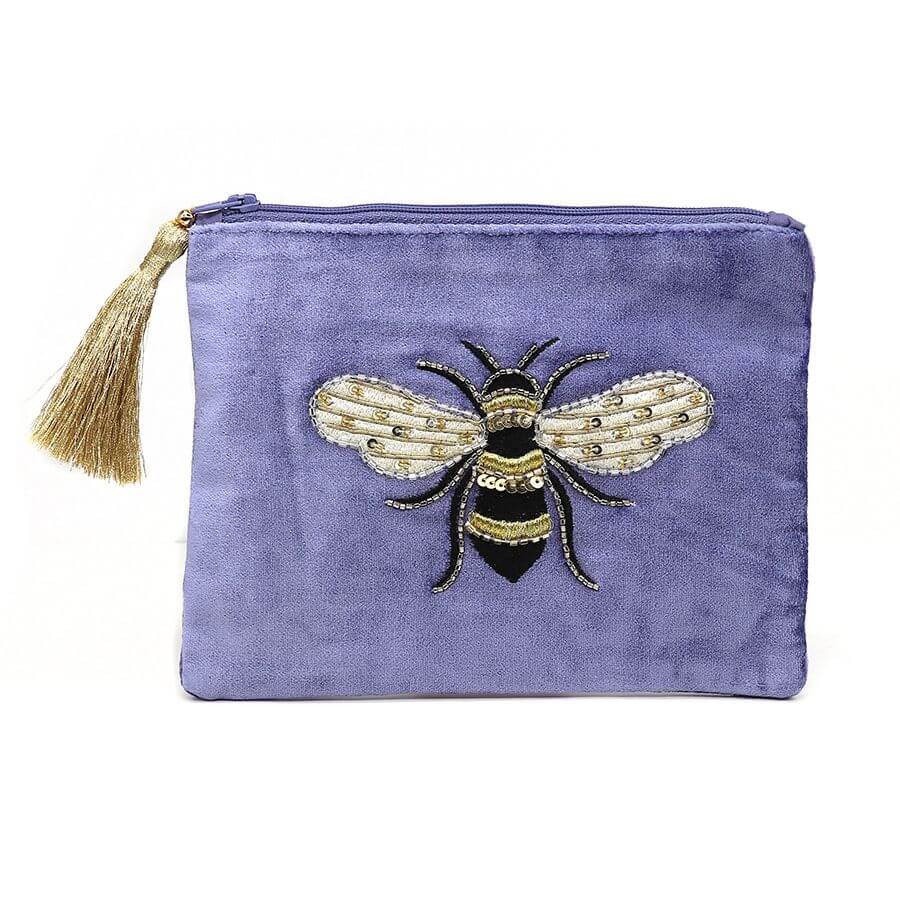Cornflower Blue Velvet Embroidered Bee Purse | The Jewellery Stop
