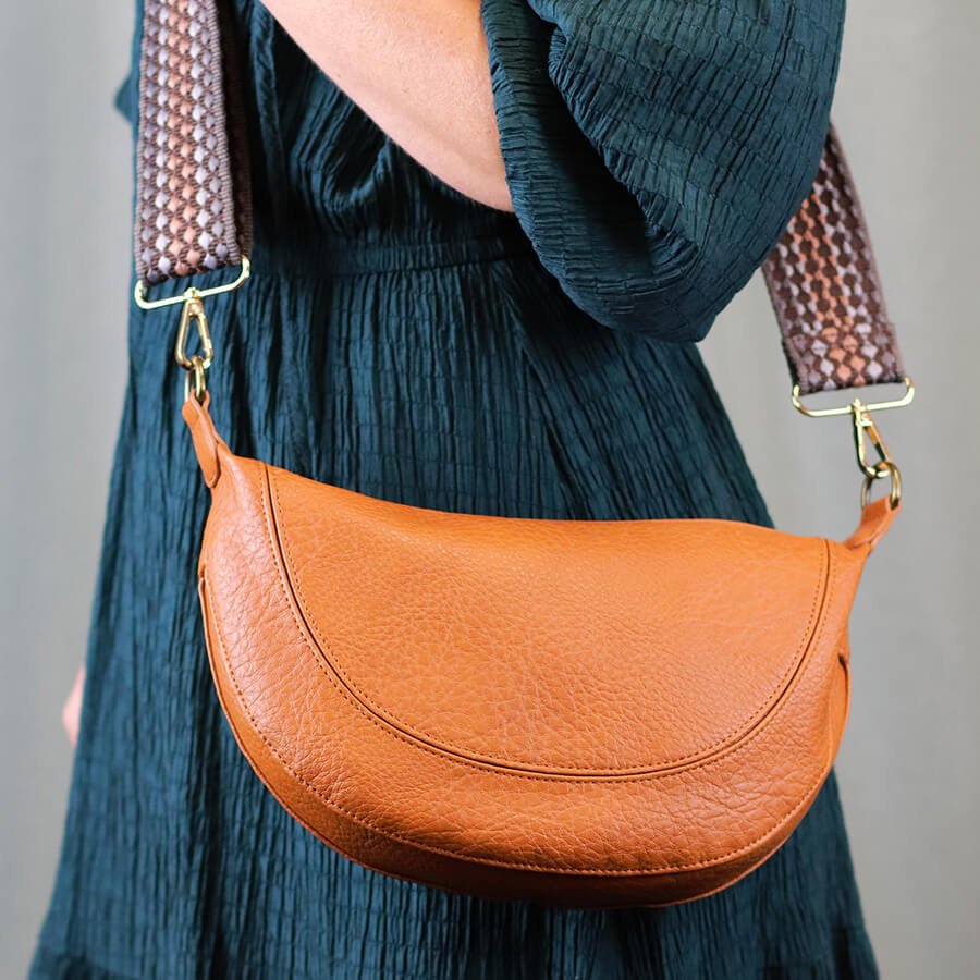 Tan Vegan Leather Half Moon Bag | The Jewellery Stop