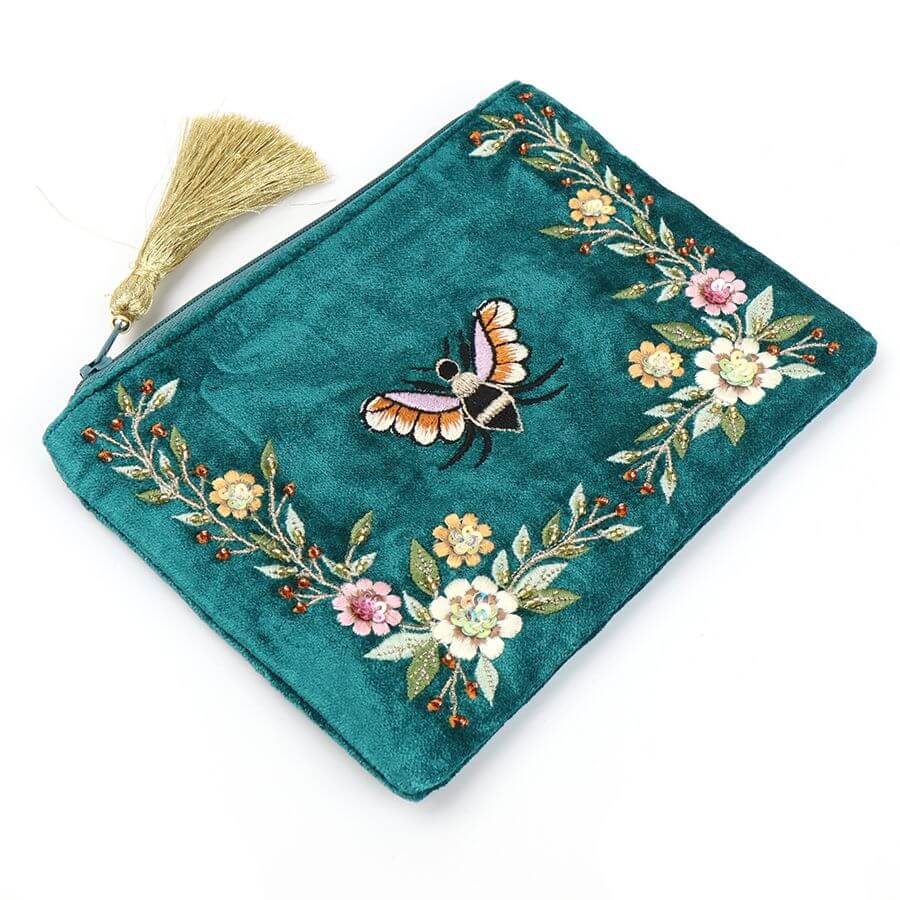 Teal Velvet Embroidered Bee And Floral Purse | The Jewellery Stop