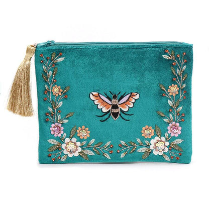 Teal Velvet Embroidered Bee And Floral Purse | The Jewellery Stop