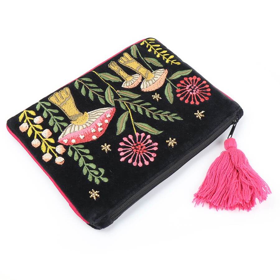 Black Velvet Embroidered Toadstools Purse | The Jewellery Stop