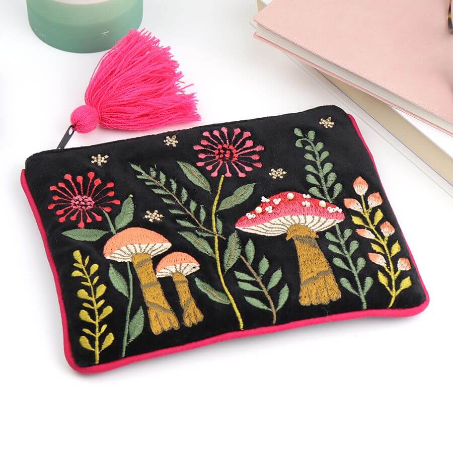 Black Velvet Embroidered Toadstools Purse | The Jewellery Stop