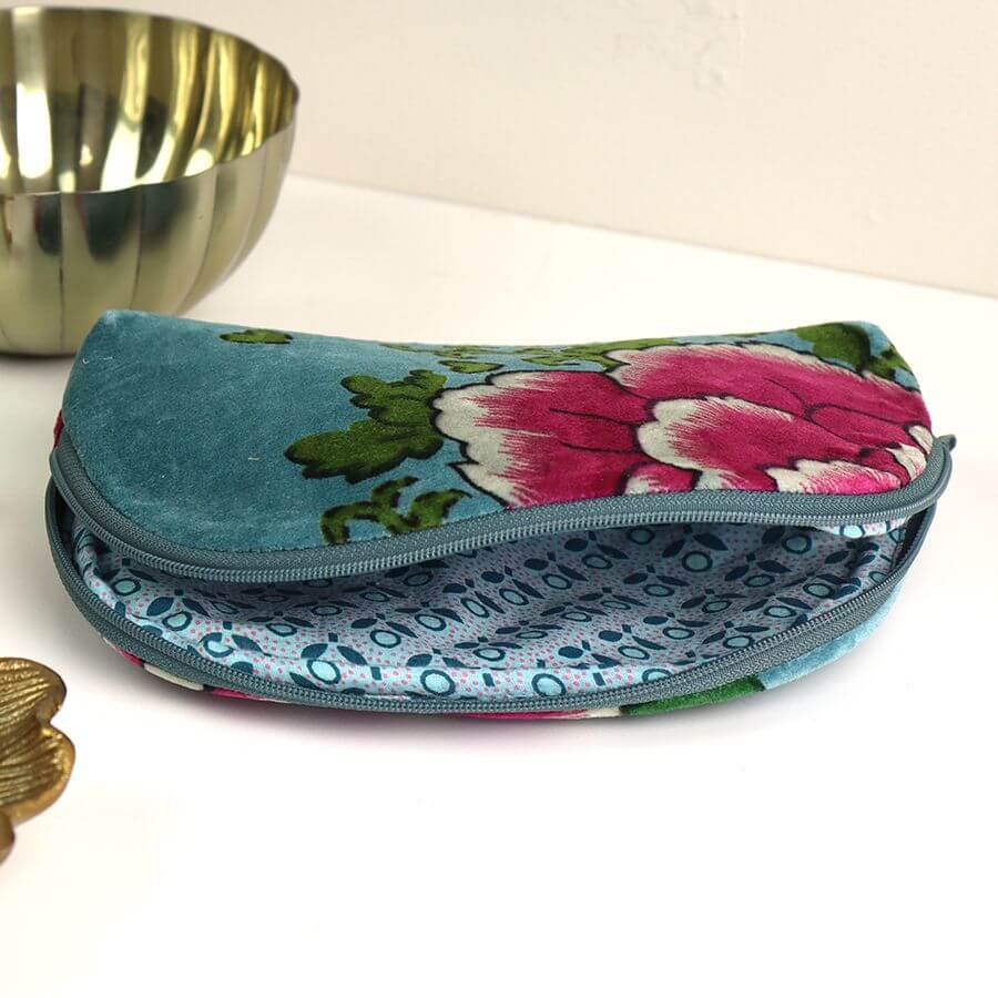 Aqua Cotton Velvet Peony Zip Pouch | The Jewellery Stop