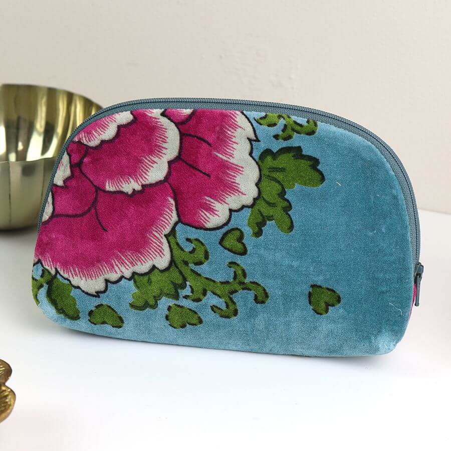 Aqua Cotton Velvet Peony Zip Pouch | The Jewellery Stop