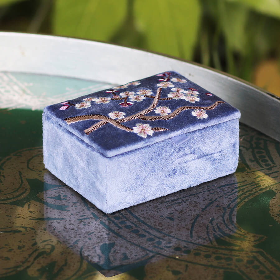 Lilac Velvet Jewellery Box With Sakura Embroidery | The Jewellery Stop