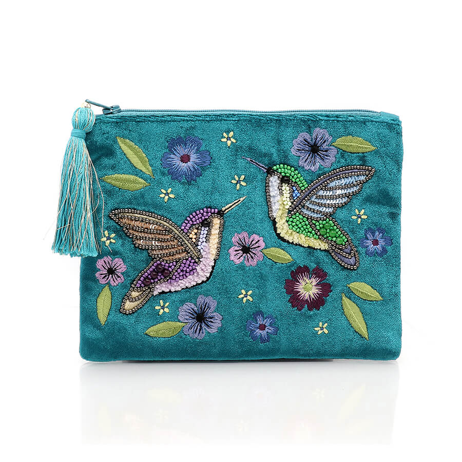 Teal Velvet Purse With Hummingbird Embroidery | The Jewellery Stop