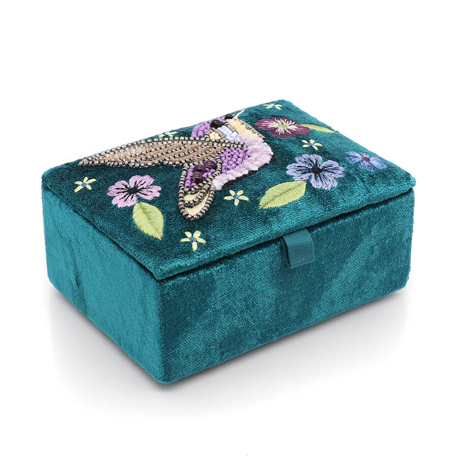 Teal Velvet Jewellery Box With Hummingbird Embroidery | The Jewellery Stop