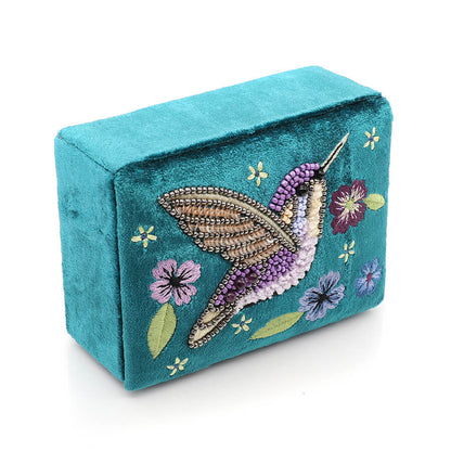Teal Velvet Jewellery Box With Hummingbird Embroidery | The Jewellery Stop