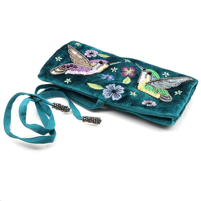 Teal Velvet Jewellery Roll With Hummingbird Embroidery | The Jewellery Stop
