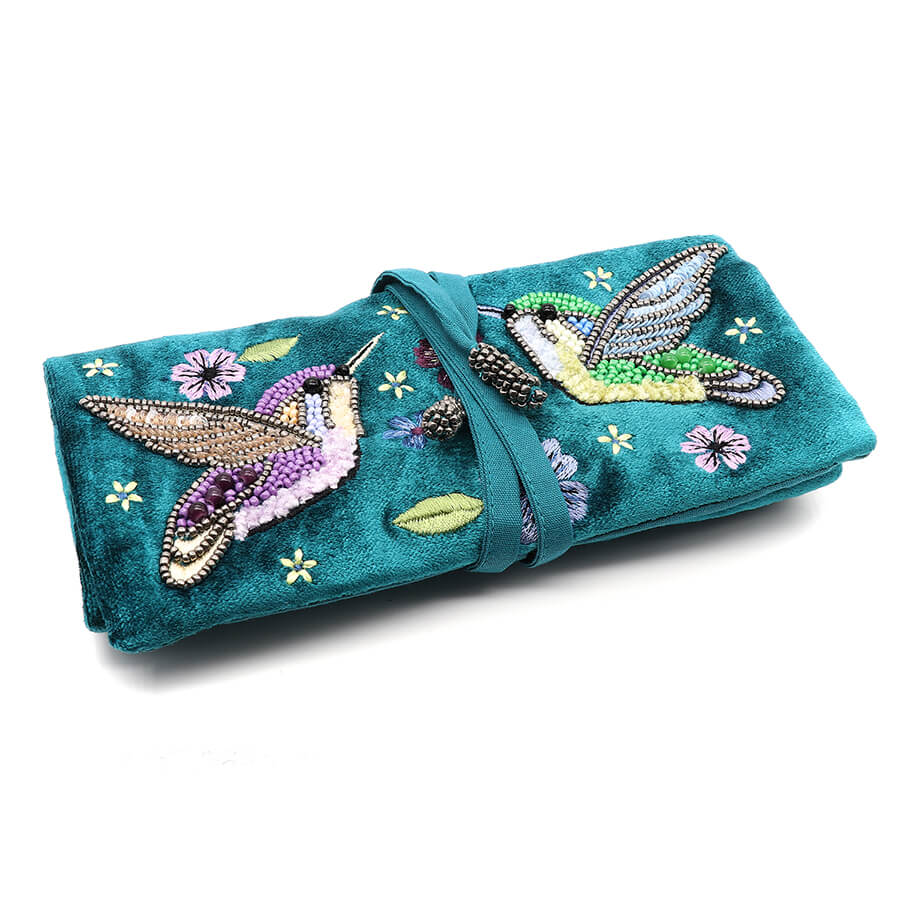 Teal Velvet Jewellery Roll With Hummingbird Embroidery | The Jewellery Stop