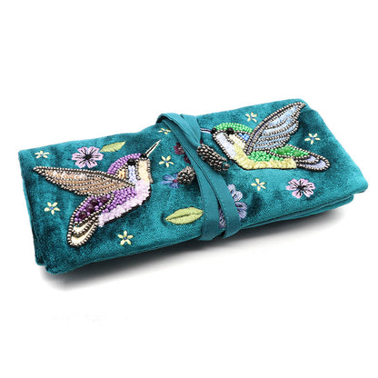 Teal Velvet Jewellery Roll With Hummingbird Embroidery | The Jewellery Stop